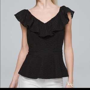 SZ 10 BLACK EYELIT PEPLUM TOP.